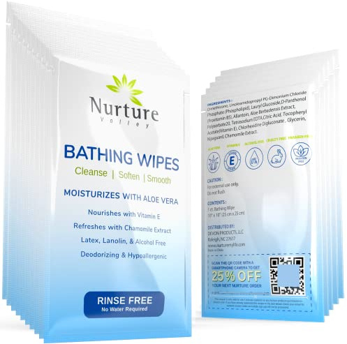 Nurture Valley Lingettes De Bain Sans Rinçage Sans Douche (Paquet De 40) | Débarbouillettes De Bain Pour Adultes Sans Eau Emballées Individuellement Avec Aloe Vera Et Vitamine E - 40 Packs De Voyage