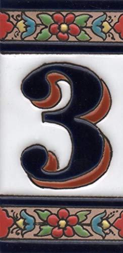 Hausnummern aus Keramik mit Zahlen und Buchstaben, rot, blau und grün, Blumenmotiv, Größe: 11 cm x 5,5 cm (Nummer 3)