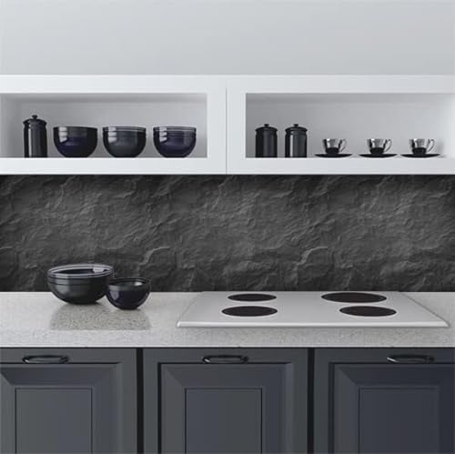 CREARREDA Pannello Paraschizzi Cucina Adesivo da Parete Facile da Applicare Pietra Nera 190 x 60 cm 100% Made in Italy, Ignifugo e Resistente all'Acqua Paraspruzzi Lavandino in PVC