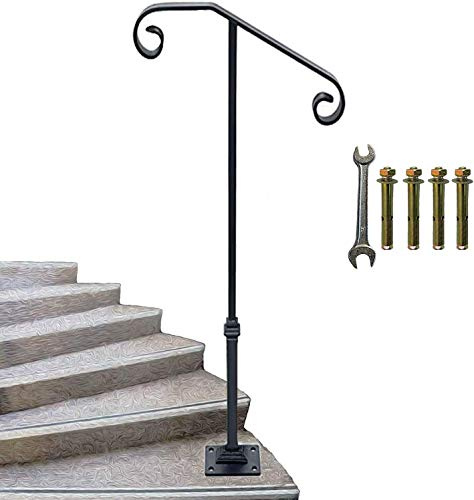 Yahpetes Corrimano in ferro battuto, 95 x 51 cm, ringhiera nera, 1-2 gradini, kit singolo palo con piastra di base, per esterni/interni