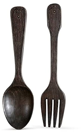 Heather & Willow 16 Wooden Jumbo Fork and Spoon Wall Decor Set of 2 | Large Spoon and Fork Wall Decor | Modern Farmhouse Kitchen Decor | Vintage Rustic Home & Kitchen Wall Decoration