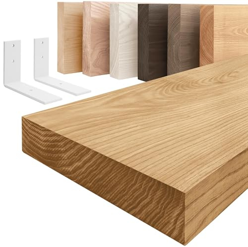 LAMO Manufaktur Holzregal mit weißen L-förmigen Halterungen | Wand Regal 50cm breit für Badezimmer, Flur, Küche im Industrial-Stil | Farbe: Rustikal, Kante: gerade | Massivholz, Vintage-Charakter