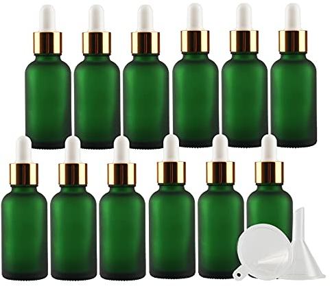 TIANZD 24 Pièces 30ml Flacons en Verre Vert Mat avec Pipettes, 30 ml Bouteilles Compte-gouttes en Verre Vides avec Bouchon à Vis Or Pour Les Huiles Essentielles Aromathérapie