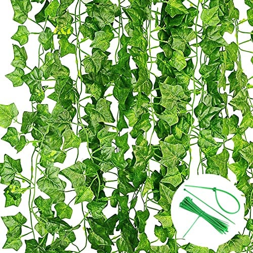 Efeu Künstlich Girlande, 12 Stück Grün Fake Efeu Pflanzen Efeuranke für Garten Hochzeit Party Wanddekoration Aesthetic Room Decor(2.2m, mit Nylon Kabelbinder)