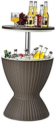 COSTWAY Mesa Nevera Capaciadad de 30 L para Jardín Mesa Auxiliar con Gancho,Asa,Tapa Extraíble y Orificio de Drenaje para Fiesta Boda (Marrón Claro)