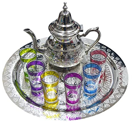 Set da tè marocchino completo teiera 1000 ml vassoio 40 cm 6 bicchieri tipici vetro colorato