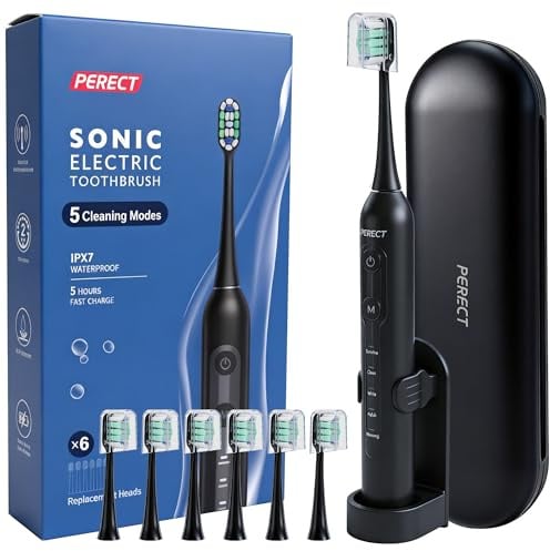 PERECT Electric Toothbrush for Adults, Rechargeable Sonic Toothbrush Travel-Ready Kit with Travel Case, 6 Replacement Brush Heads, 5 Modes 3 Intensities, 2-Minute Smart Timer, IPX7 Waterproof, Black