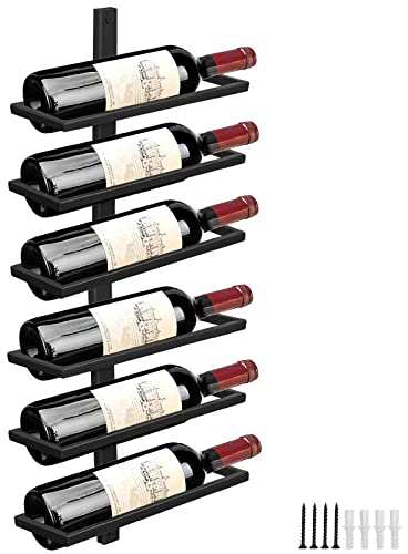 Wall Mounted Wine Rack, Adjustable Separable Black Metal Hanging Wine Bottle Holder Holds 6 Bottles, YALINKA Liquor Bottle Display Shelf for Kitchen Pantry Bar Wine Cellar(6, Flat)