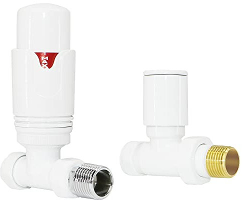 Warmehaus Thermostatic Radiator Valve 15mm Straight Radiator TRV + Lockshield for Heated Towel Rail Radiator White