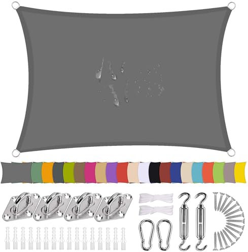 Sonnensegel Rechteck 3.5 x 4m Wasserdicht Sonnenschutz Balkon Terrasse mit Montagezubehör PES Polyester 98% UV-Schutz Reißfest Wetterfest für Garten Outdoor,Grau