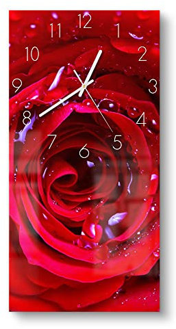 DEQORI Glasuhr | horizontal 30x60 cm | Motiv Rose mit Wasserperlen | große XXL Design Uhr aus Glas | leise Wanduhr für Wohnzimmer & Küche | Moderne Hingucker Uhr für die Wand