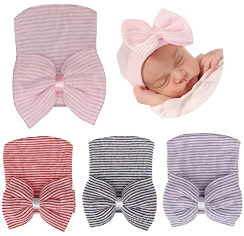 Obelunrp Neugeborene Hüte, 4pcs Soft Babies Hospital Hüte mit großem Bogen, niedliche Kindergarten Mützen für 0-3 Monate Kindermädchen