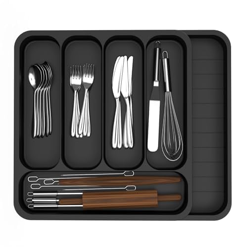 Cutlery Drawer Organiser, Extendable Kitchen Drawer Organiser Storage Trays, Compact Plastic Cutlery Tray for Knives, Forks and Spoons, Large (Black)