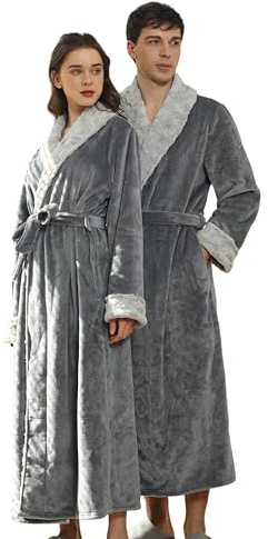 BERDITH Accappatoio da donna, morbido, lungo, accappatoio da uomo, in pile, da donna, taglie grandi, unisex per coppie, vestaglia e vestaglia con cintura lunga, grigio., XL