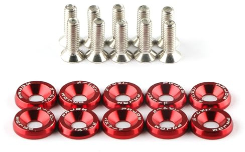 Wambere 10 Stück Universal M6 x 20mm Schraubenscheiben Auto Schrauben Aluminium Stoßfänger Unterlegscheibe Unterlegscheibe,KotflüGel Unterlegscheibe Schraube,Autozubehör Motorraum Dress Up,Rot