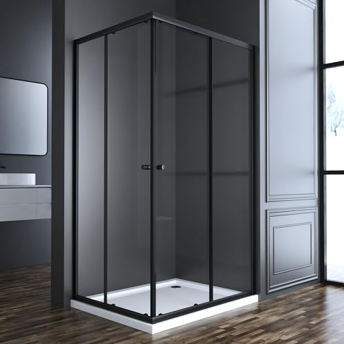 Duschkabine Eckeinstieg mit Doppel schiebetür Schwarz 90x100x185cm, Schiebetüren Duschabtrennung Duschwand 6mm ESG gehärtetes Glas, Dusche Duschtür Höhe 185 cm