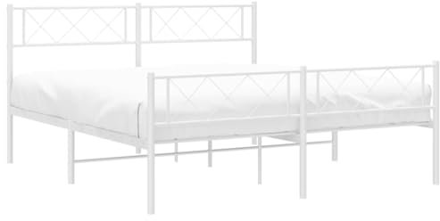 vidaXL White Metal Bed Frame - 4FT Small Double - Powder-Coated Steel with Supporting Metal Slats & Legs - Headboard and Footboard Included - Extra Under-Bed Storage Space - Requires Assembly