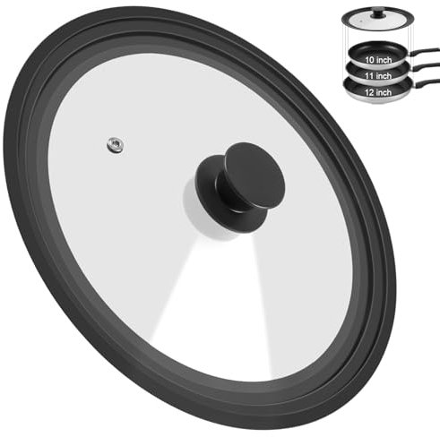 Universal Lid for Pots, Pans and Skillets - Tempered Glass Lid with Heat Resistant Silicone Rim Fits 10, 11, 12 Diameter Cookware, Replacement Lid for Frying Pan & Cast Iron Skillet