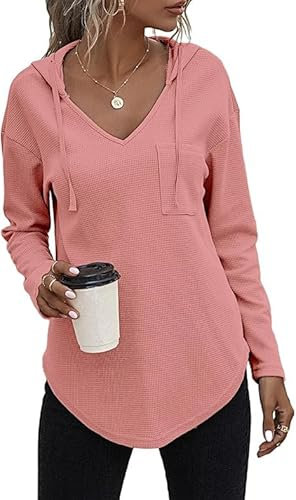 Cuptacc Maglia Donna Manica Lunga Maglietta Scollo A V Primavera Felpa con Cappuccio Leggero Rosa Intenso,S 36