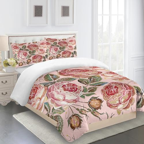 Bettwäsche 200X200 Rosa Blumen Bettbezug Super Weich, Bettwasche Set Mikrofaser,Bettdeckenbezug Mit Reißverschluss Und 2X80X80Cm Kissenbezüge