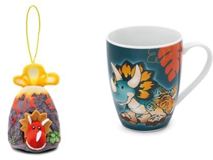 NICI 2-er Bundle Kuscheltier Dino Cerastupsy Rot stehend im Vulkan mit Loop 12cm & Tasse 310ml