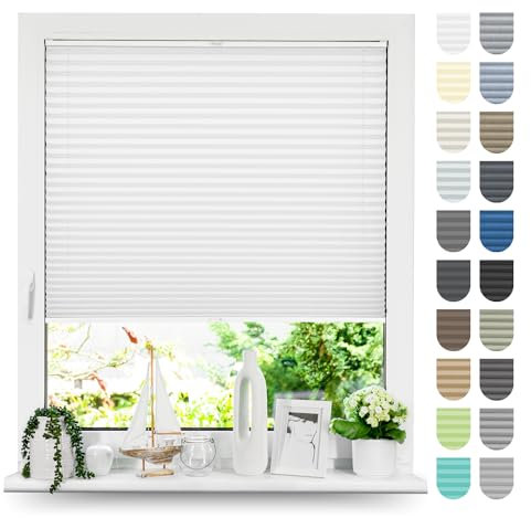 Tom'Shop Plissee mit Bohren Sonnenschutz Plisseerollo Jalousie Lichtdurchlässig und Blickdicht für Fenster & Tür Premium-Falten 3 Kollektionen zur Auswahl(NELA Weiß B30cm x H150cm)