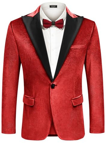 COOFANDY Mens Tuxedo Jacket Slim Fit Velvet Blazer One Button Suit Jacket for Wedding Prom Party, Red, M