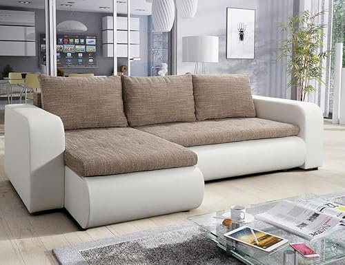 Easy4You Brooklyn Beige und Weiß Kunstleder Ecksofa L-Form 245 cm mit Schlaffunktion und Stauraum - Schlafsofa mit Bettkasten - Moderne Wohnzimmermöbel – Stoff: Lawa 02/Soft 17