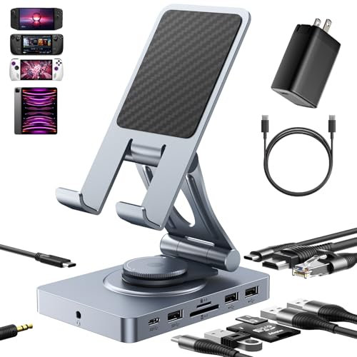 Versatile USB C Docking Station for iPad (USB-C), 11-in-1 with SD TF 4.0 Reader, 4K@60Hz HDMI, RJ45, Audio, USB A, USB c, Rotatable, Also for Tablet, Steam Deck, ROG Ally, Legion Go, with 65W Adapter
