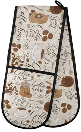 Double Oven Gloves Heat Resistant Vintage Coffee Double Oven Mitts Pot Holder Heat Protection Oven Gloves for Home Kitchen Baking Cooking BBQ Microwave