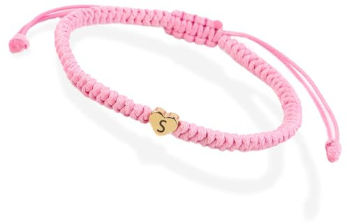 Initial Bracelet Initial S Charm Alphabet Woven Bracelet Handmade Pink String Woven Jewelry Gift for Teen Girls Friends Wife (S)