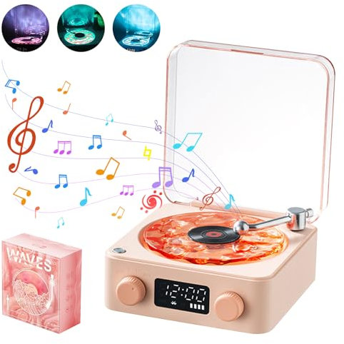 Waves Vinyl Speaker, Bluetooth Turntable Vinyl Record Player with RGB Light & Water Waves Effect, 3 Mode Stereo Sound Sleep Aid with 4 Sounds of Nature (Pink)