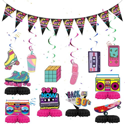 90er Thema Party Geburtstag Dekorationen - 22 Stück 90er Jahre Hängende Spiral, Wimpelkette Bunte Spiralen Girlande Hängedeko, Decken Luftschlangen, Papier Waben für Retro Musik Rock Disco Hippie Deko