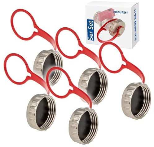 5 Stück - tecuro Kappe Blindkappe Verschlusskappe 3/4 Zoll (DN20), Verschluss für KFE-Hahn inkl. Dichtung und Halterung, mit Rändelung zur handfesten Montage, Messing vernickelt