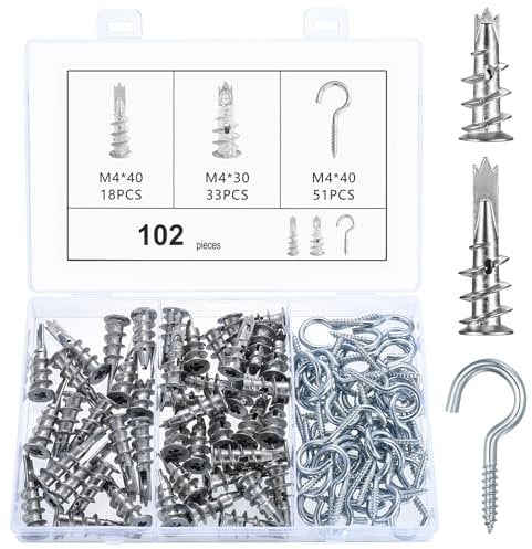 Lot de 102 chevilles métalliques pour corps creux : 51 chevilles M4 pour placoplâtre et 51 crochets à visser avec filetage, chevilles auto-perceuses pour plaques de plâtre, crochets à visser.