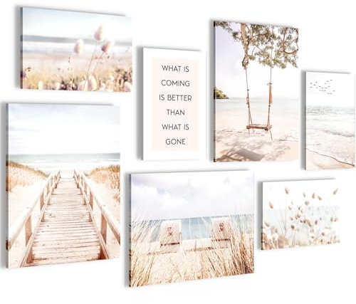 Novart Wandbilder Strand Meer Boho - KOMPLETT AUFHÄNGFERTIG - Beige Wohnzimmer Schlafzimmer Flur - 7 Moderne Mood-Bilder - N038171a