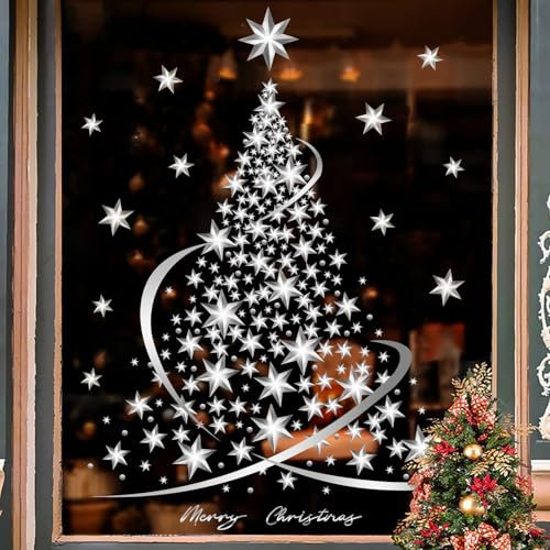 QRTDXP Large Size Christmas Tree Window Stickers,Silver Star Window Deals,Christmas Removed and Reusable Double-Side Window Cling Display for Xmas Party-2 Sheets *34cm*100cm