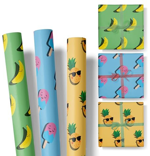 Geschenkpapier Kinder – 3 Rollen im Set – für Geschenke zum Geburtstag oder zu Weihnachten – Geschenkpapier Mädchen und Jungen – Rolle: 47 cm breit, 3 m lang - SET 8