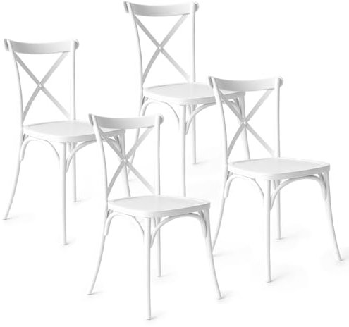 Baroni Home Set de 4 Sillas de Plástico Blanco – Apilables, Sin Montaje, Fáciles de Limpiar, con Patas Antideslizantes, para Cocina, Salón, Comedor, Exterior, 44x44x82 cm, Respaldo Trenzado