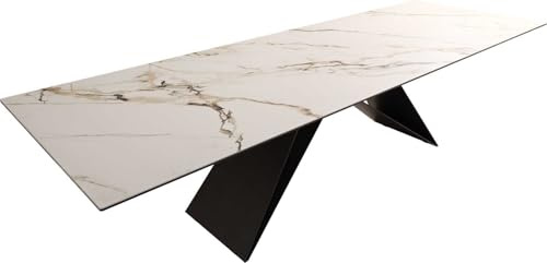 DELIFE Esszimmertisch Edge Keramik Calacatta Luxe Weiß-Gold-Grau 300x100 | V-Gestell Flachstahl Schwarz