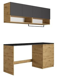Vente-unique - Mobili lavanderia per lavatrice con piano di lavoro - L182 cm - Antracite e Naturale Chiaro - NATAJI