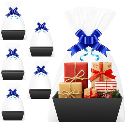 Geschenkkorb mit Griff, Leerer Korb für Geschenke,Kraftpapier Geschenkkorb mit 5 Schrumpffolien und Schleifen, Hochzeit, Geburtstag, Weihnachten, Valentinstag,Schwarz