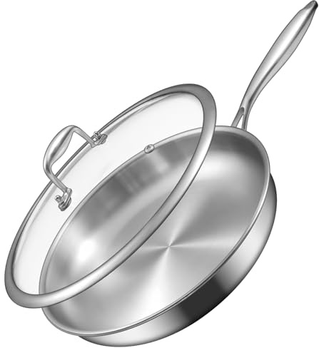 EWFEN 12 Inch Tri-Ply Stainless Steel Frying Pan, Compatible with All Cooktops Up to 600℉, Large Frying Pan with lids, Induction-Ready Skillet, Dishwasher and Oven Safe, Even Heat, 12 Skillet + Lid