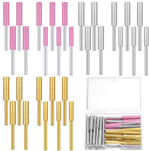 Chumia 30 Pcs High Hardness Titanium Diamond Chainsaw Sharpener Stone Bit Bulk Chain Electric Chainsaw Sharpening Wheels Kit 3 Size Plated Grinding Tool, 5/32, 3/16, 7/32 Inch (Gold Pink Silver)