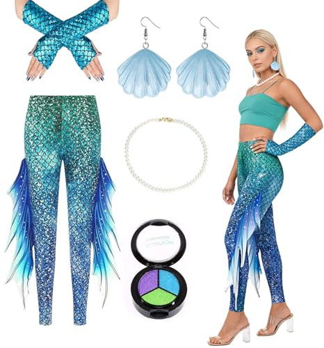 Meerjungfrau Leggings Damen,mit Fischschuppen Handschuhe Muschel Ohrringe Perlenkette und 3-in-1 Lidschatten,Meerjungfrau Kostüm Accessoires für Damen Karneval Faschings Mottoparty (3D Flosse)