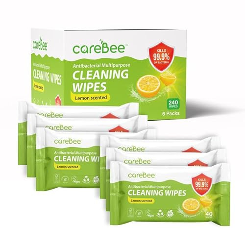CareBee Plastic-Free Antibacterial Surface Wipes | Plant-Based, Biodegradable, FSC Certified, Vegan | Lemon-Scented Surface Cleaning Wipes (Pack of 6)