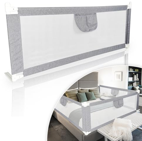 Hebitod Sängskydd 200 × 80 cm, fallskydd för säng – extra brett sänggaller, fallskydd för baby och småbarn, resårsäng/familjesäng, justerbar höjd upp till 96 cm, grå