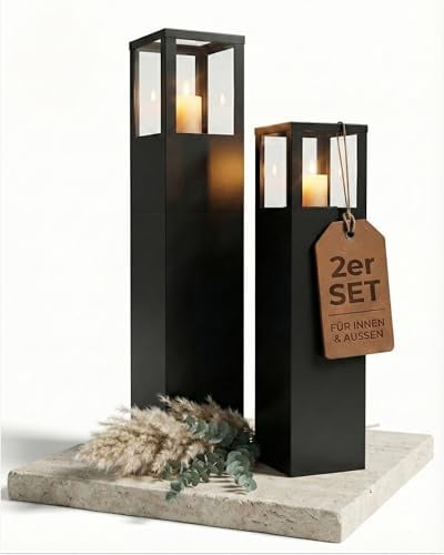 BENTSON Windlichtsäule Anthrazit Design, 2er Set, 95cm + 75cm | Deko-Säule für Garten im Industrial Design, Garten Windlicht für draußen und drinnen, Laterne draußen, Eckig