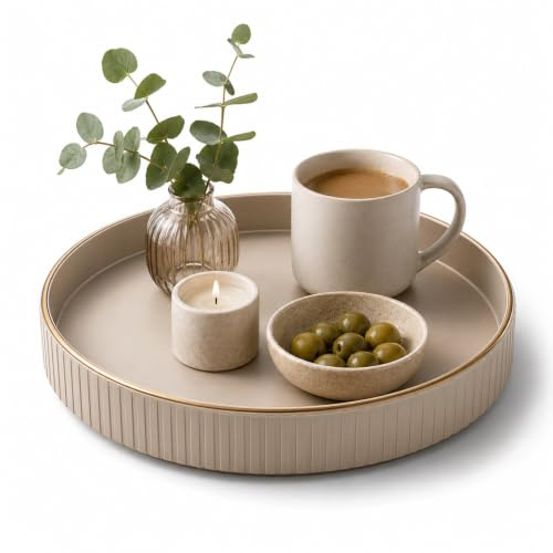 Velicber Deko Tablett Serviertablett Rund Ø 30cm PU Leder mit Goldrand | Dekoteller, Küchentablett, Tischtablett Tray, für Badezimmer, Schlafzimmer, Home Decoration - Elegant, Leicht zu Reinigen