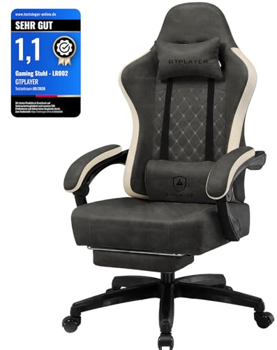 GTPLAYER Gaming Stuhl Ergonomischer Gaming Sessel Schreibtischstuhl Kunstleder, Federsitzkissen, Verbindungsarmlehnen und Fußstütze 150KG, GRAU